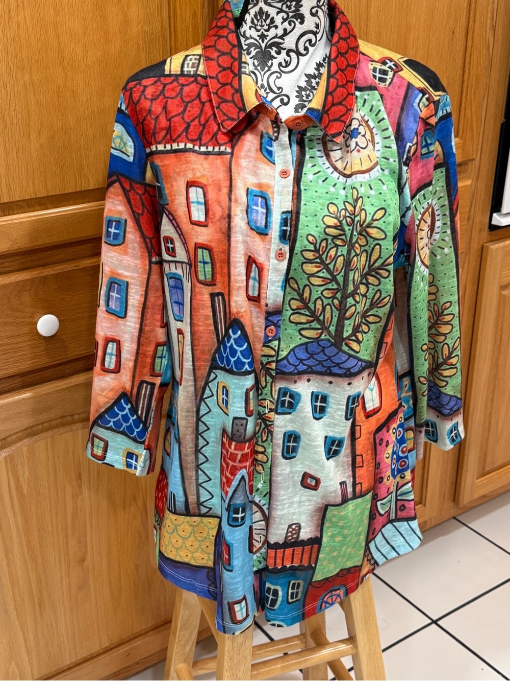 Shana Art-to-Wear Village Print Mesh Tunic Shirt L/G